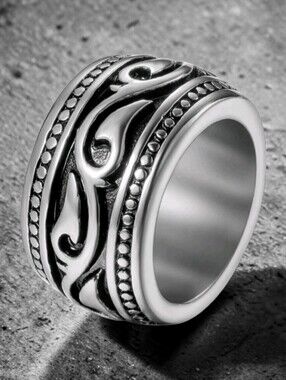 13mm Wide Stainless Steel Celtic Scroll Heavy Biker Ring Sz 9.5